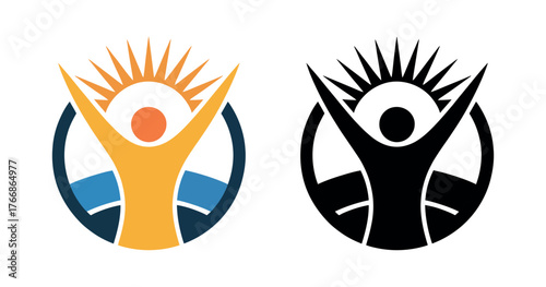 A stylized human figure with outstretched arms embraces the sun and water.