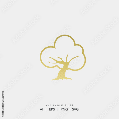 Golden tree of life line art logo, Minimalist luxury gold vector tree icon, Abstract corporate nature brand symbol