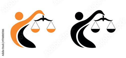 Two abstract figures hold scales of justice symbolizing fairness and legal concepts.