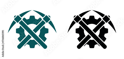 A gear and crossed pickaxes logo represents industry and mining.