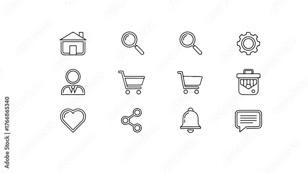 Fototapeta premium Modern minimalist icons for digital interfaces, websites and apps, offering clean design for user navigation and essential functions.