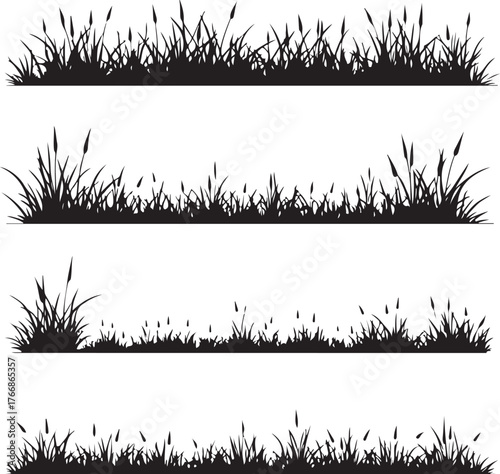Black silhouette grass borders with cattails and blades