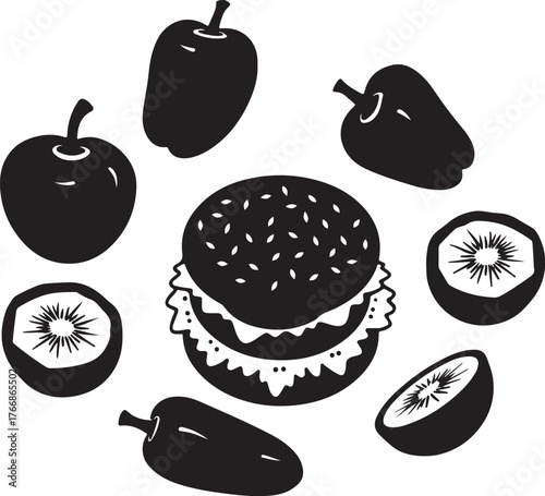 Black silhouette hamburger surrounded by bell peppers and kiwi slices
