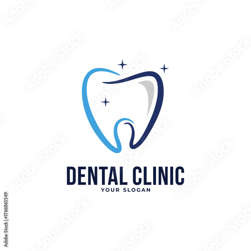 dental clinic logo with outlined tooth and sparkle design elements