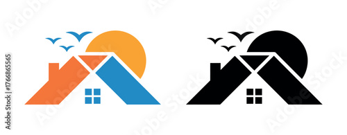 A simplified graphic logo featuring a house roof with a sun and birds in the background.