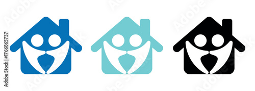 Three stylized house icons with happy faces, representing family and home.
