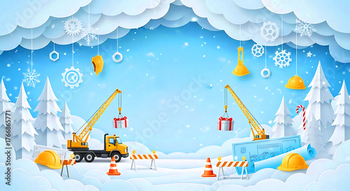 Christmas Festive Construction Winter Wonderland Paper Art Background, Merry Christmas Construction creative Landscape blue background