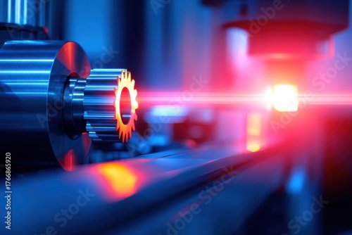 Close-up of a precision machine part being illuminated by a laser in a high-tech manufacturing facility
