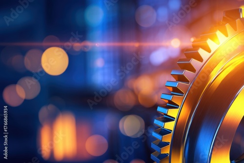 Close-up of a metallic gear with vibrant reflections, set against a blurred industrial background