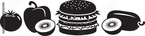 Black silhouette of a hamburger bell pepper tomato and kiwi