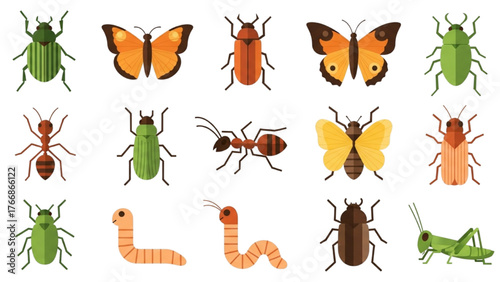 Colorful Cartoon Insect Collection — Beetles, Butterflies, Ants, Worms, and Grasshoppers in Flat Geometric Children’s Illustration on White Background