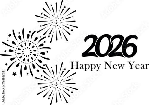 2026 happy new year typography with black fireworks minimal style festive background for modern greeting card or elegant holiday design