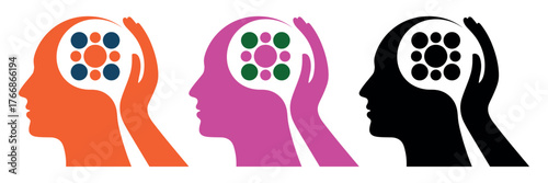 Three profile silhouettes of heads with hands cupping them and internal circular patterns representing thoughts.
