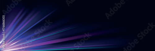 Abstract image of speed motion on the road. Vector glitter light fire flare trace. Dark blue abstract background with ultraviolet neon glow, blurry light lines, waves