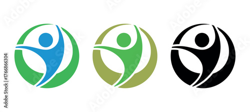 Abstract human figures within circles in blue, green, and black on a white background.