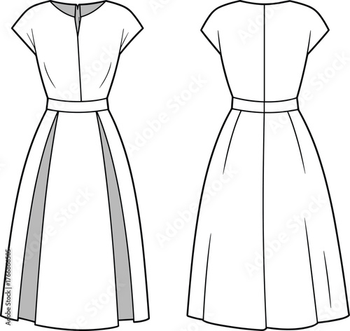 Stylish Women's Shirt Dress Technical Flat Sketch Vector Illustration Short Sleeves Patch Pockets Front Button Placket Apparel Template Design.