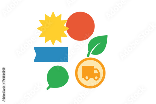 Colorful graphic elements set featuring sun leaf delivery truck and ribbon banner shapes