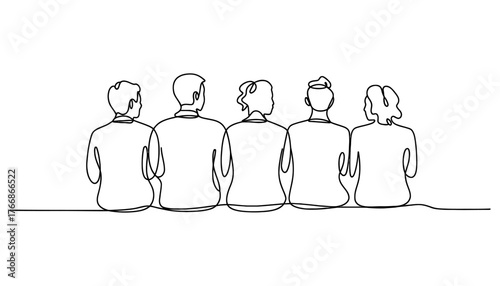 Single line drawing of five people sitting together observing a view concept