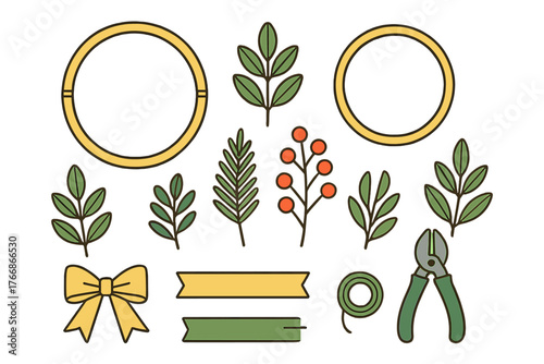 Set of floral design elements with leaves, berries, ribbons, decorative frames, and gardening tools