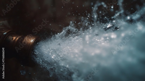A burst pipe sprays water forcefully in a dark industrial setting creating a dynamic splash