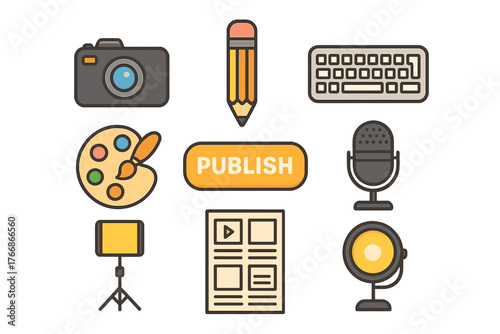 Creative tools and equipment icons for digital content creation and media production