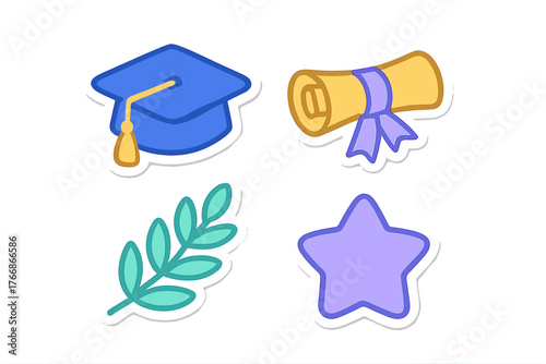Set of academic achievement symbols including graduation cap diploma laurel branch and star
