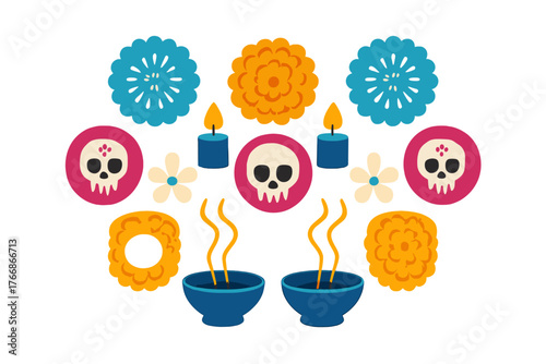 Traditional Mexican Day of the Dead altar elements with sugar skulls marigolds and burning candles