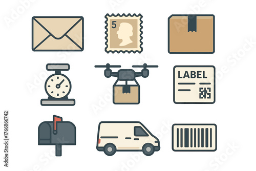 Collection of shipping and postal service elements including drone, package, stamp, and delivery van