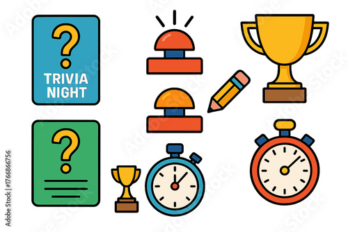Colorful set of quiz and trivia game elements including buzzers, trophies, and timers