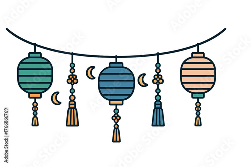 Traditional oriental lantern garland with decorative tassels and crescent moons in blue green and peach