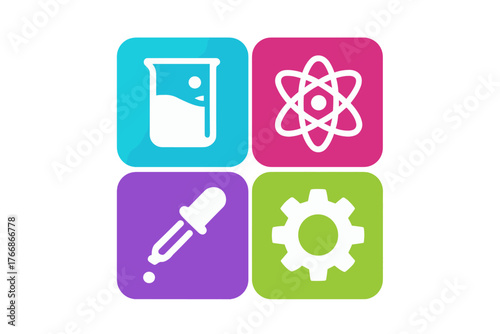 Colorful square icons representing science, chemistry, research, and technology concepts