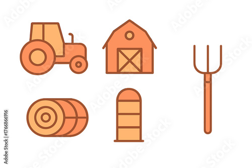 Agricultural farm equipment and structures including tractor barn silo and hay bale