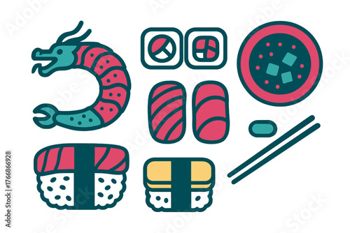 Vibrant collection of Japanese sushi rolls, nigiri, maki, and stylized shrimp icons in a flat design style