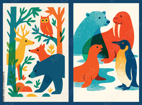 Forest and Polar Animals in Vintage Linocut Poster Set