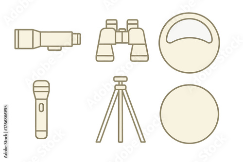 Essential set of outdoor observation equipment including binoculars, scope, flashlight, and tripod