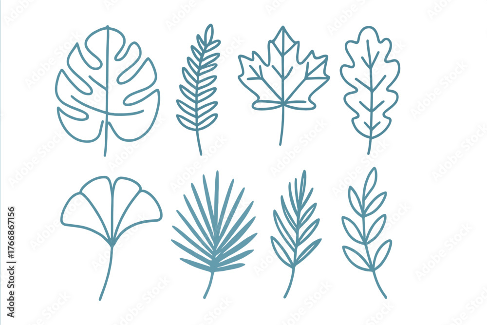 Fototapeta premium Collection of various botanical leaf outlines in a simple hand-drawn style