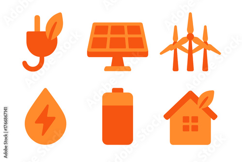 Orange flat symbols depicting sustainable energy sources and eco-friendly technology concepts