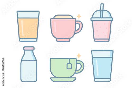 Assortment of refreshing and hot beverages in cute pastel colored cups glasses and bottles