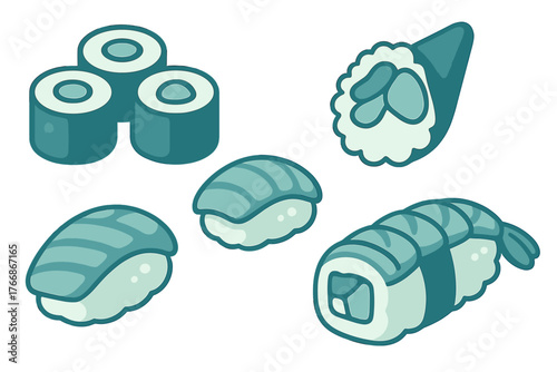 Assortment of Japanese sushi rolls nigiri and temaki on white background