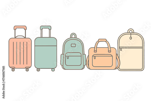 Diverse collection of travel bags and rolling suitcases lined up for vacation or business trip