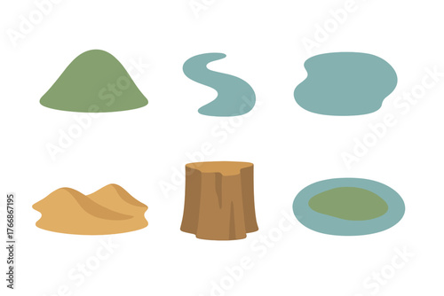 Minimalist abstract natural landscape elements including hills, water, sand, and tree trunk shapes