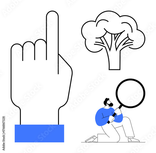Hand pointing upward, tree symbolizing nature, man examining with magnifying glass. Ideal for research, nature conservation, sustainability, environmental awareness, analysis, ecology simple flat
