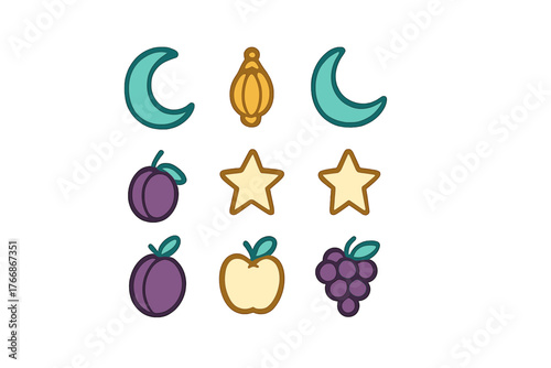 Colorful set of crescent moons, stars, traditional lantern, and fresh fruits