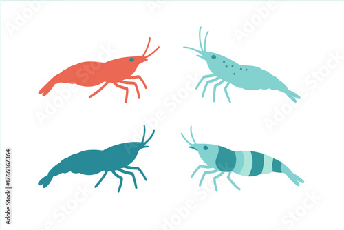 Four stylized colorful aquarium shrimp set with various patterns and colors