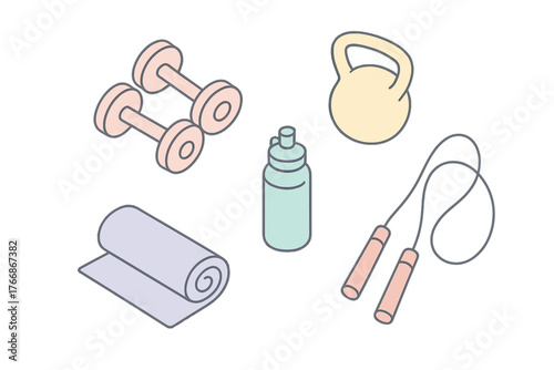 Isometric fitness equipment set including dumbbells kettlebell and jump rope in pastel colors