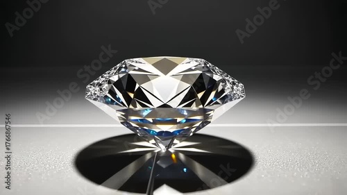 Brilliant Cut Diamond Gemstone Sparkling on Reflective Surface in Dark Setting.