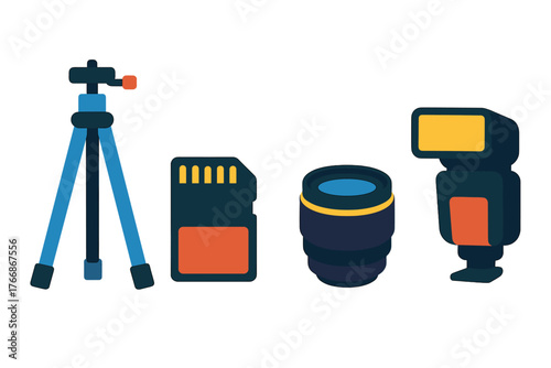 Professional photography equipment set with tripod memory card camera lens and speedlight