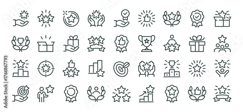 Exclusive Benefit, Special Offer, Best Award, High Rank Premium Icons Pack. Such Line Signs as Champion Cup, Stars, Medal. Vector Icons Set for Web and App in Outline Style Editable Stroke.