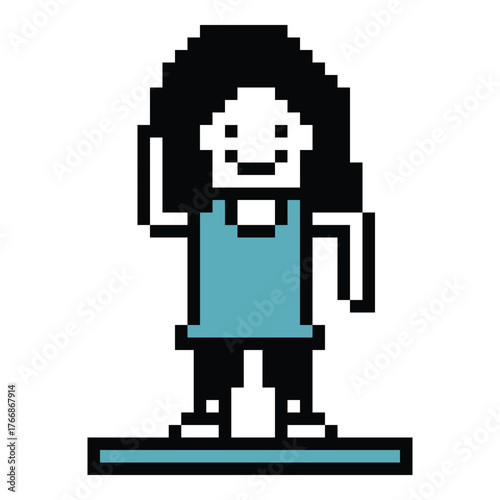 Cute pixel cartoon 8bit character woman yoga pilates stretch exercises training lifestyle vector decoration life style 8 bit female girl exercise gym yoga class fitness warm vector.