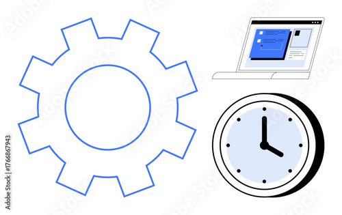 Large gear beside a digital clock and a laptop with displayed content highlight collaboration, workflow, productivity, efficiency, planning, technology, and time management in a simple flat metaphor